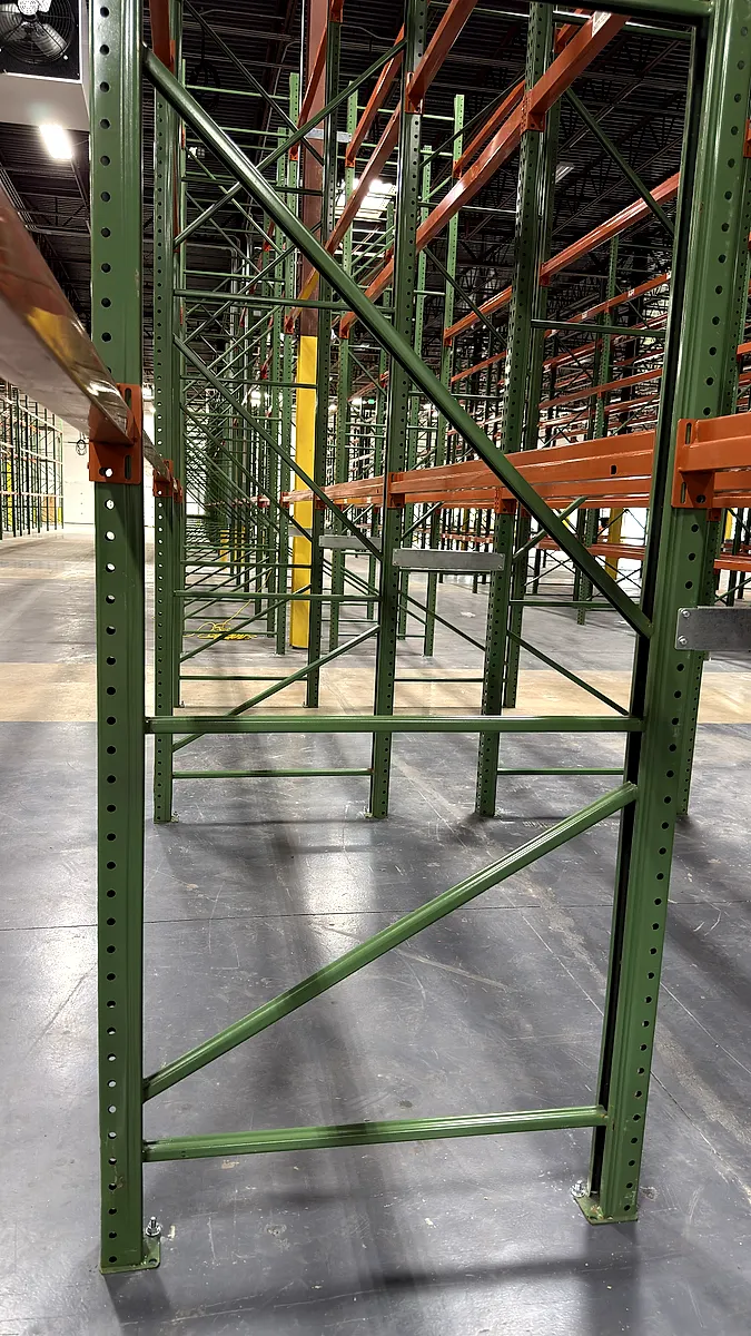 Close view of a pallet rack upright frame and bracing