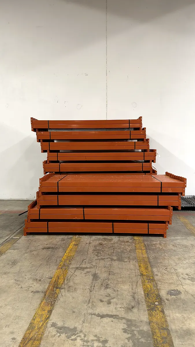 Stack of pallet rack beams ready for reuse