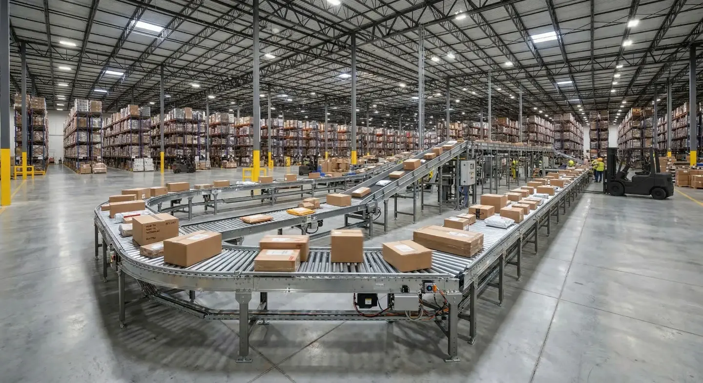 Roller conveyor line in a warehouse