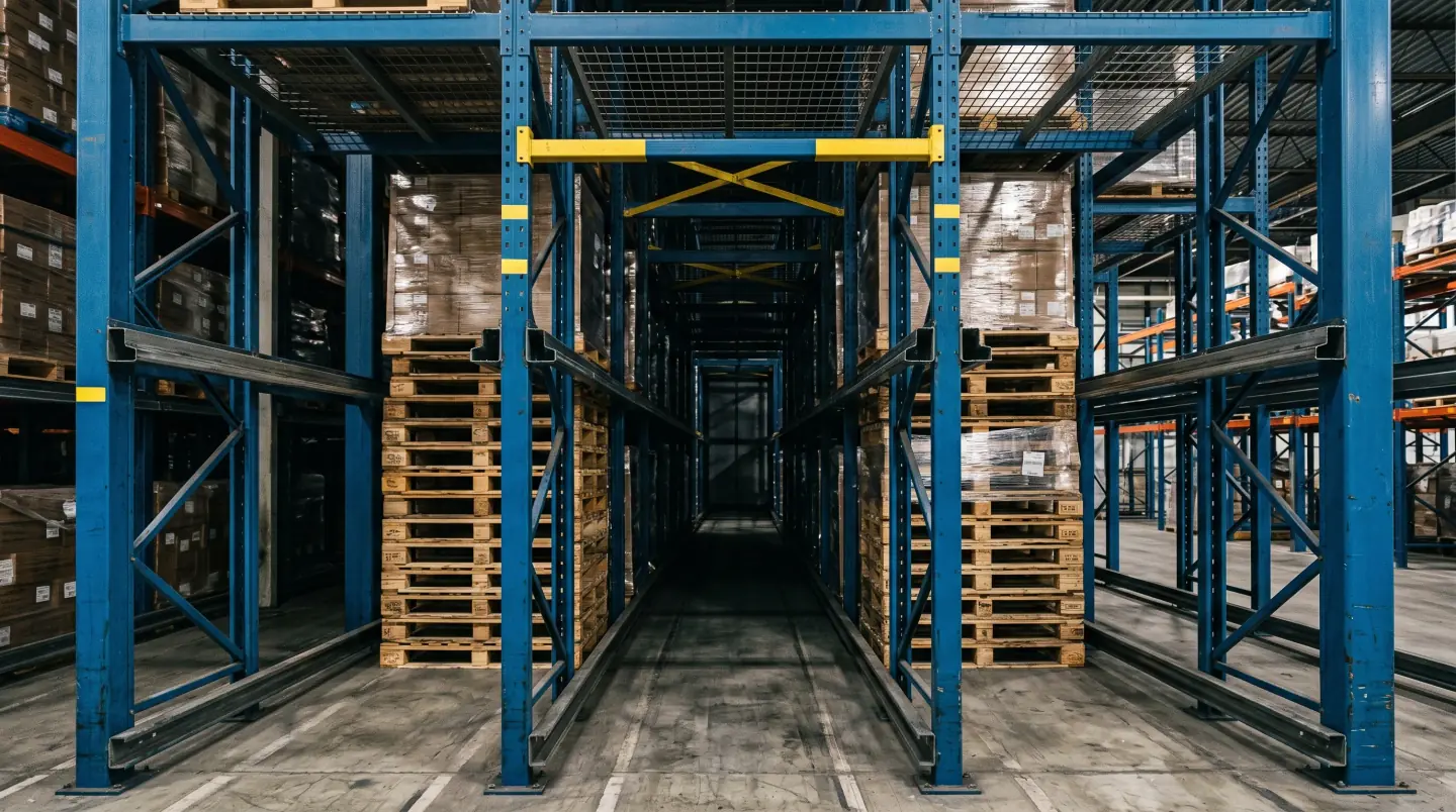 Drive-in pallet rack system with forklift entering the rack structure in a Greater Nashville cold storage warehouse