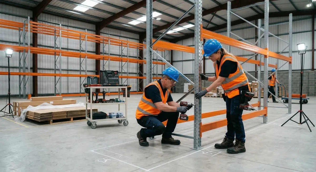 Installation crew assembling pallet rack uprights and beams in a warehouse